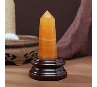 Crystal Ornaments Natural Crystal Point Magic Wand Amethyst Rose Quartz Crystal Hexagonal Column Ornaments with Wooden Base Beautiful Crystal(Yellow Calcite)