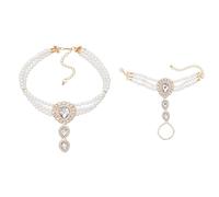 Crystal Pearl Necklace Bracelet Set 2Pcs Royal Court Necklace Chain Vintage Multi-Layer Rhinestone Faux Pearl Water-Drop Jewelry for Women Girls (White)