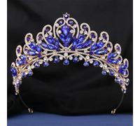 Crystal Pearls Royal Queen Wedding Crown Water Drop Bridal Diadem Pageant Headdress Bride Tiara Hair Accessories Gold Blue