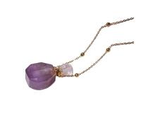Crystal Pendant Necklace for Men Women Essential Oil Diffuser Perfume Bottle Gemstone Pendant with 18K Gold Plated Long Chain 27" Reiki Healing Jewelry Gift Amethyst Necklace