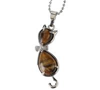 Crystal Pendant Necklace Natural Stone Cute Cat Shape Crystal Pendant With Silver Bead Chain Reiki Necklace Gemstone Jewelry Gifts For Women Men Cat Lovers Tiger-Eye