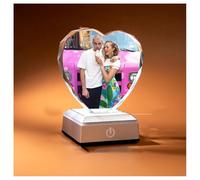 Crystal Photo Personalized, Customized Pictures Etched Engraved in Glass Photo Heart Shape with LED Light Wood Base, Custom Family Photo Crystal Unique Memorial Gift (Diamond Silver Base)