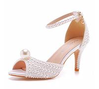 Crystal Queen 3 inches Stiletto Heels Pearls Sandals Peep Toe Bride Wedding Party Dress Shoes Women's Ankle Strap Sandals, White 3 Inches, 6 UK