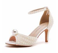 Crystal Queen 3 inches Stiletto Heels Pearls Sandals Peep Toe Bride Wedding Party Dress Shoes Women's Ankle Strap Sandals, Off-white, 4 UK