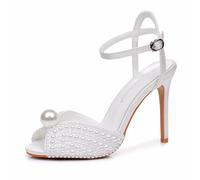 Crystal Queen 4.1 inches Womens Pearls Wedding Sandals Peep Toe Stiletto Heel Sandals Bridal Pearl High Heels for Evening Party, White, 7 UK