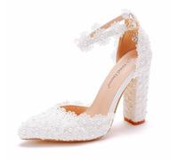 Crystal Queen 4.15 inches Block Heel Sandals White Lace Wedding Pump Shoes Thick Chunky Heel Pointed Toe Ankle Bridal Sandals Women, White 10.5cm/4.15 Inches, 7 UK
