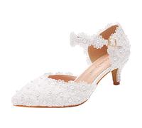 Crystal Queen Mary Jane Heels For Women Pointed Toe Lolita Heeled Sandals 5CM Ankle Strap Kitten Heels Sandals Dress Working Bridal Party Wedding Shoes, White 2 Inches, 7 UK