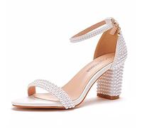 Crystal Queen Women's 3 Inches Block Heel Sandals, Thick Chunky Heels, Peep Toe, Wedding Sandals, Full Pearls, White Lace, Size 4 UK - 10.5