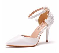 Crystal Queen Women's High Heel Pumps Pointed Closed Toe Sandals White Lace Pearls Strap Stiletto Heels Bridal Wedding Party Shoes, 3.75 Inches Heel, 4 UK