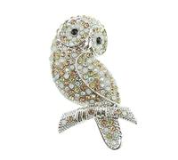 Crystal Rhinestone Diamante Wedding Guest Christmas Birthday Gift Boxed Bird Wildlife Lover Fashion Badge Scarf Dress Lapel Men Women Brooch Pin Silver Tone Sitting Barn Tawny Owl On Branch Gold