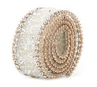 Crystal Ribbon Trim, 50 X 2.5cm Diamond Ribbon Strip with Crushed Stone,Rice Bead,Water Drill, Sewing Beaded Trim for Wedding Decoration(White Gold Chain)