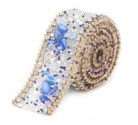 Crystal Ribbon Trim, 50 X 2.5cm Diamond Ribbon Strip with Crushed Stone,Rice Bead,Water Drill, Sewing Beaded Trim for Wedding Decoration(Sapphire Blue Gold Chain)