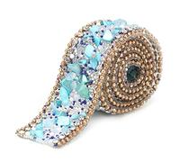 Crystal Ribbon Trim, 50 X 2.5cm Diamond Ribbon Strip with Crushed Stone,Rice Bead,Water Drill, Sewing Beaded Trim for Wedding Decoration(Blue Gold Chain)