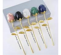 Crystal Rose Flower Figurine, Natural Gemstone Bud with Gold Metal Stem, 160mm, Home Decor Gift (9.Green Aventurine)