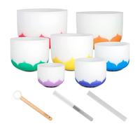 Crystal Singing Bowl Set Frosted 432Hz (7 Crystal Singing Bowls, 8-14 Inches) Including 3 Mallets (Wood, Crystal Half, Crystal Full)