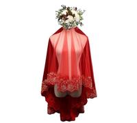 Crystal Singing Bowl Wedding Veil Lace Appliques Red Accessories Mariage Short Bridal Veils(Color1)