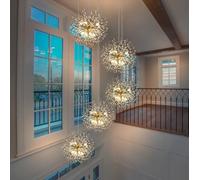 Crystal Staircase Chandelier Mid-Century Modern Cluster Pendant Light Gold Firework Chandelier Dandelion Sputnik Light Fixture Contemporary Crystal Chandeliers for Stairwell Foyer Entryway