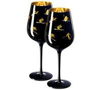 Crystal Stemmed Skiing, Apres Ski Skiier Wine Glasses Goblets - Set of 2-14oz Vibrant Themed Winter Snow Sports Ski & Snowboard Frosted Glass, Black & Gold Etched, Great for Gifts for Her, Him Skier