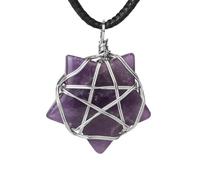 Crystal Stone Star Pendant Necklace for Women Men|Silver Copper Wire Wrap Braid Pentagram Charm With Pu Chain Choker Bead Amulet Yoga Jewelry Gift Amethyst
