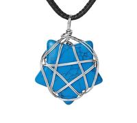 Crystal Stone Star Pendant Necklace for Women Men|Silver Copper Wire Wrap Braid Pentagram Charm With Pu Chain Choker Bead Amulet Yoga Jewelry Gift Turquoise