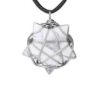 Crystal Stone Star Pendant Necklace for Women Men|Silver Copper Wire Wrap Braid Pentagram Charm With Pu Chain Choker Bead Amulet Yoga Jewelry Gift Howlite