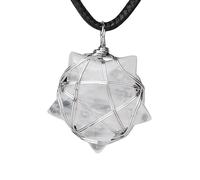 Crystal Stone Star Pendant Necklace for Women Men|Silver Copper Wire Wrap Braid Pentagram Charm With Pu Chain Choker Bead Amulet Yoga Jewelry Gift Clear Quartz