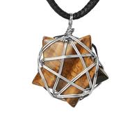 Crystal Stone Star Pendant Necklace for Women Men|Silver Copper Wire Wrap Braid Pentagram Charm With Pu Chain Choker Bead Amulet Yoga Jewelry Gift Tiger Eye