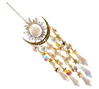 Crystal Sun Catcher, Sun and Moon Suncatcher with White Crystal Prisms, Gold Metal Hanging Light Catcher, Rainbow Maker Ornament, Decorative Pendant for Indoor Windows, Home and Garden Decor