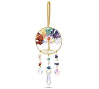 Crystal Suncatcher Tree of Life Hanging Ornament - 7 Chakra Rainbow Natural Stone Prism Pendant - Handmade Wire Wrapped Gemstone Wind Chimes for Window Home Garden Meditation Decor Gift for Women