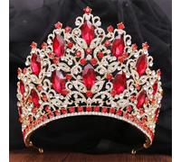 Crystal Tiara Round Crown 14Cm Height Bridal Headwear Pageant Headdress Party Elegant Diadem Wedding Hair Jewelry Gold Red