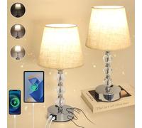 Crystal Touch Bedside Lamps Set of 2, USB C+A Charging Ports, 3 Way Dimmable, White Fabric Shade for Bedrooms & Living Room (White)