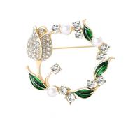 Crystal Tulip Flower Brooch Pin White Pearl Green Leaf Garland Lapel Pin Sparkly Flower Broche for Women Men Dress Coat Suit Accessories, One Size, Zinc, no gemstone