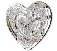 Crystal Wall Clocks for Living Room Decor Heart Shape Silver Diamond Mirrored Wall Clock with Sparkle Twinkle Bling Crushed Diamond for Wall Decoration