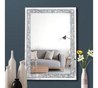 Crystal Wall Mirror,50x70cm 6500K Daylight White Rectangle Mirrors for Wall,Silver Bling Frameless Mirrors,Crush Diamond Decorative Mirors for Hallway Bathroom Bedroom Living Room