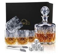 Crystal Whiskey Decanter Set for Men, Premium 37 Oz Decanter with 4 Whiskey Glasses, Whiskey Stones, Tongs - Classic Liquor Decanter for Scotch, Bourbon, Vodka, and More - Perfect for Home Bar
