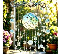 Crystal Wind Chime, Solar Wind Chimes for Outside, Birthday Gift for Women Friend Crystal Suncatcher Christmas Ornament Decor(Pufferfish,Small)