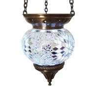 Crystal World Moroccan Turkish Mosaic Hanging Candle Holder Table Desk Lamp, Bronze Effect, Handmade, Unique Crushed Glass, Tiffany Style, Formal/Special Occasions, White