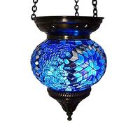 Crystal World Moroccan Turkish Mosaic Hanging Lamp Hanging Candle Holder Hanging Lantern Lamp Bronze Effect Handmade Unique Crushed Glass Tiffany Style Turkish Moroccan Lamp Blue Colour
