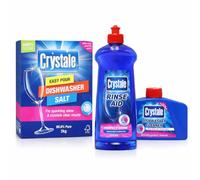 Crystale Dishwasher Cleaner Aqua 250ml + Rinse Aid Streak-Free Shine 500ml + Dishwasher Salt 2kg - Complete Dishwasher Care Set for Limescale Removal, Spot-Free Dishes, Water Softening DISHWASHER TRIO