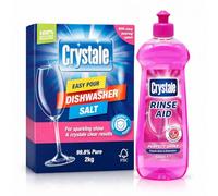 Crystale Dishwasher Rinse Aid Pink Grapefruit & Pomegranate 500ml + Crystale Easy Pour Dishwasher Salt 2kg | Streak-Free Shine, Limescale Protection & Water Softener