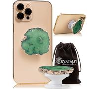 CRYSTALFY Green Druzy Quartz Raw with Openings Crystal Phone Grip & Phone Stand: Authentic Natural Gemstone Swappable Top, Expandable Collapsible Holder for Smartphones and Tablets