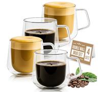 CRYSTALIA Double Walled Glass Coffee Cups 220ml Set of 4, 100% LEAD FREE Double Walled Espresso & Coffee Mugs with Handle, Unique Clear Borosilicate Glass Cups for Hot & Cold Drinks, Tea & Coffee