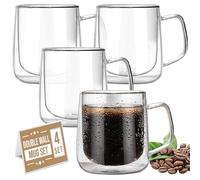 CRYSTALIA Double Walled Glass Coffee Cups 300ml Set of 4, 100% Lead Free Insulated Coffee Cappuccino Latte Macchiato Tea Milk Mugs with Handle, Borosilicate Glass Cups for Hot & Cold Drinks