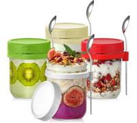 Crystalia Glass Overnight Oats Jar with Spoons, Set of 4 Yoghurt Pots with Lids, 450ml Cereal and Muesli To Go Container, Glass Breakfast Jars Overnight Oats Container
