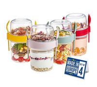 Crystalia Take and Go Yoghurt Pot Set 4 BPA Free Yogurt with Spoon & Fork, Overnight Oats, Dishwasher Safe, Breakfast to Muesli Fruit Salad Cups Lids Jar Porridge Container (00327)