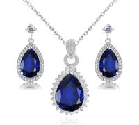 Crystalline Azuria Women 18ct White Gold Plated Teardrops Blue Simulated Sapphire Zirconia Crystals Set Pendant Necklace 17.7 inches Dangle Earrings