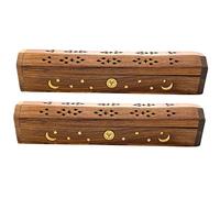 Crystalo - 2 Pack Wooden Coffin Incense Sticks Burner - 12 Inches Brass Inlays - Storage Compartment (Sun Moon Star)