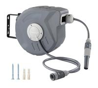 Crystals 10M Hose Reel - Compact Wall-Mounted or Portable Reel with Retractable Rewind Function, Package Includes Nozzle, Fittings & Fixings, Grey