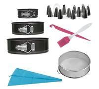 Crystals 20Pcs Round Cake Tins for Baking Set Includes 3 x Round Cake Mould Tin - 4" 7" 9", 1 x Flour Sieve, 12 x Piping Nozzles, 1 x Oil Brush, 1 x Knife, 1 x Piping Bag - Loose Bottom Cake Tins
