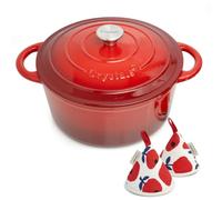 Crystals 28cm 6.6L Enamelled Cast Iron Round Casserole Pot with Lid, Dutch Oven Cookware, Non-Stick Stew & Stock Pot with Cookbook & Cotton Potholders for Braising, Roasting & Bread Baking_Red